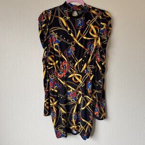 Vintage 90s Black Blue Equestrian Print Mini Dress Womens L Horse Lion Chain